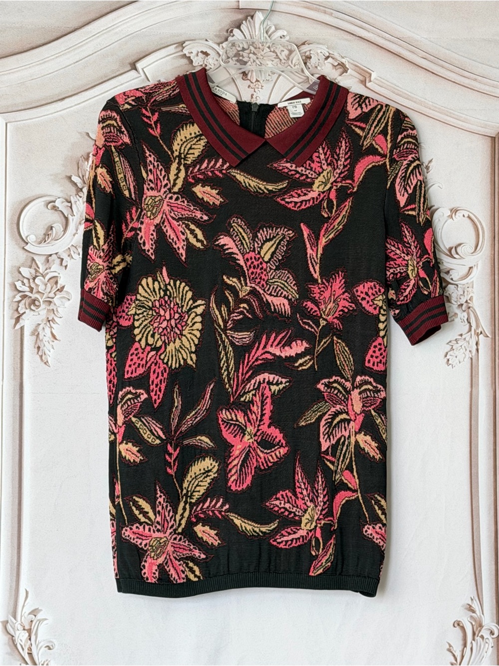 Scotch & Soda Black Floral Knit Polo Top with Pink & Yellow Details